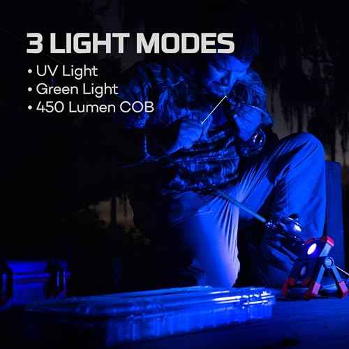 NEBO OMNI Fish Dock Light | 450 Lumens COB, 4 Light Modes, 395nm UV, Rotating Magnetic Handles, Built-In Power Bank, Water Resistant, Rechargeable Work Lamp, Includes USB-C Charging Cable