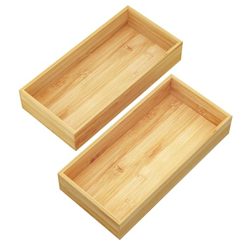 BAMEOS Deep Utensil Drawer Organizer, Bamboo Silverware Organizer for Kitchen Drawer Storage Flatware Junk Cutlery Jewelry 14"x 6.8" Set of 2 (Natural) - size: 2 Boxes 14x7"