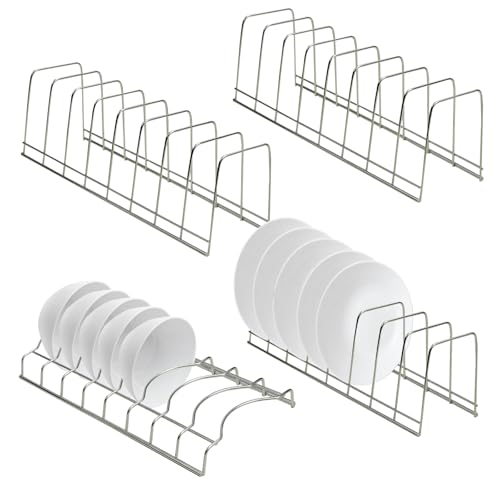 4 Pack Pot Lid Organizer for Cabinet with Plate Drying Rack, Stainless Steel Pot Lid Holder for Kitchen, Small Dish Drainer, Serving Trays Container, Counter Storage Shelf for Pans Pots Cutting Boards