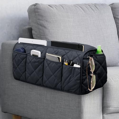 Armchair Caddy,Non Slip Sofa Armrest Organizer, Couch Armrest Remote Control Holder,Waterproof Recliner Arm Caddy with 14 Pockets for Cell Phone TV Remote Control - color: Black