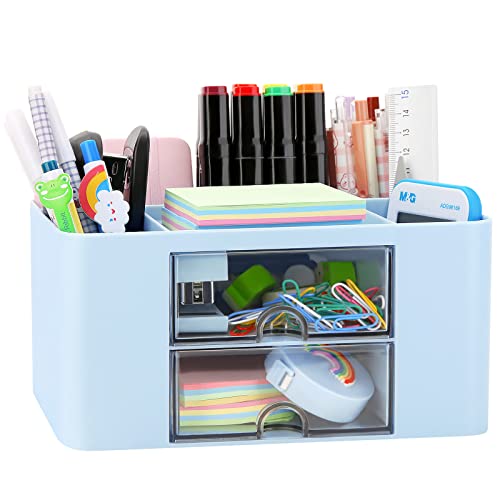 Desk Organizer with 2 Drawer, Plastic Desktop Pen Pencil Card Holder Storage Box for Desk, Office Supplies, Vanity Table Office School Home (Blue) - color: Blue