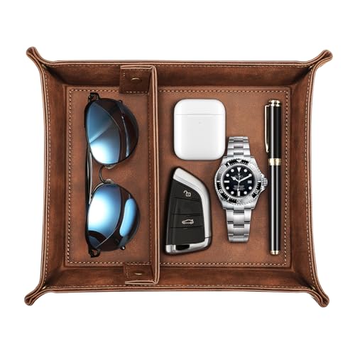 SITHON Valet Tray Desktop Storage Organizer, Removable 2 Compartments Catchall Tray Bedside Vanity Nightstand Caddy Holder Desk Storage Plate, Valentine's Day Gift, Brown - color: Brown