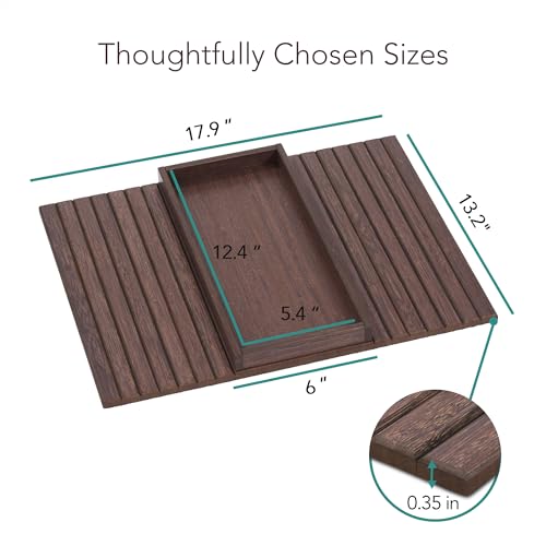 DETOR Couch Arm Tray with Spacious 12.4" x 5.4" Storage Box, Walnut Bamboo Finish, Enhanced Non-Slip Felt Bottom, Sturdy Bamboo Slats, Fits Armrests 6" and Wider - color: Walnut