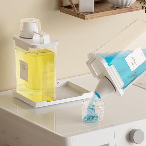 77.8OZ Laundry Detergent Dispenser Container, 2 Pack Liquid Laundry Dispenser, Plastic Detergent Dispensers for Laundry Room/Powder/Fabric Softener with Labels/Tray, Clear - color: 2Pack 77.8OZ With Tray