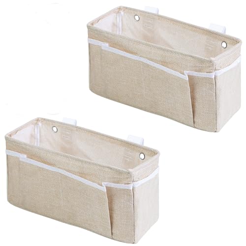 Bedside Caddy Bedside Storage Organizer, 2 Pack Wall Hanging Storage Bag for Bunk bed Hospital Beds Dorm Bed Rails, Holders Books Glasses Phones Magazine(Beige)
