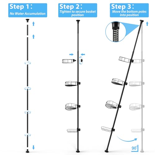 BsBsBest Shower Organizer Caddy - Stainless Steel Shower Shelves Rack, Adjustable Organization And Storage Head Holder, Rustproof Tension Pole, Black