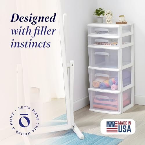 HOMZ 5-Drawer Storage Cart, Clear Plastic Drawers, 14.25" Wide Medium, White Frame - Organizing Drawer Containers for Home, Bathroom, Office, and Classroom - color: White frame with clear drawer