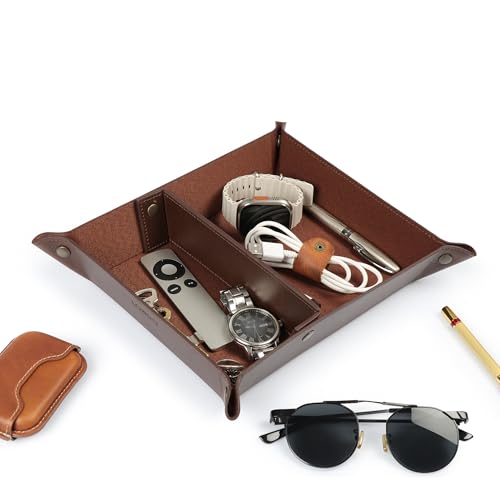 Londo Leather Tray Organizer - Practical Lightweight Water Resistant Computer Table Desk Storage Box for Wallets, Watches, Keys, Coins, Cell Phones and Office Equipment - color: Dark Brown
