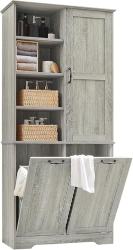 Virubi Tall Laundry Cabinet with 2 Tilt Out Hamper, Wood Bathroom Storage Cabinet with Doors and Adjustable Shelves Freestanding,Oak (Oak)