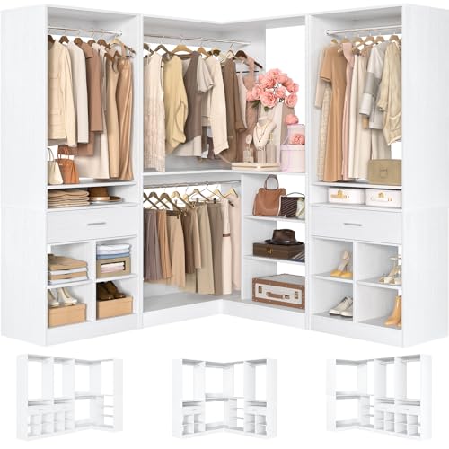 Unikito 86" Corner Closet System, Modular Closets Organizer with 4 Hanging Rods & Corner Tower, Freestanding L-Shaped Walk-In Wardrobe Organizer, Set of 3, White
