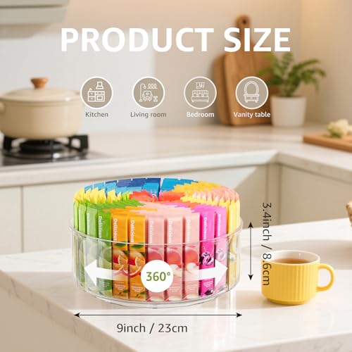 Divided Drink Packet Organizer, Largr Rotating Clear Lazy Susan Turntable for Powdered Drink Mix, Water Drink Packet Holder, Water Flavor Packet, Coffee, Tea – Space-Saving Countertop Organizer - size: 1 Pack - Large 3 Section