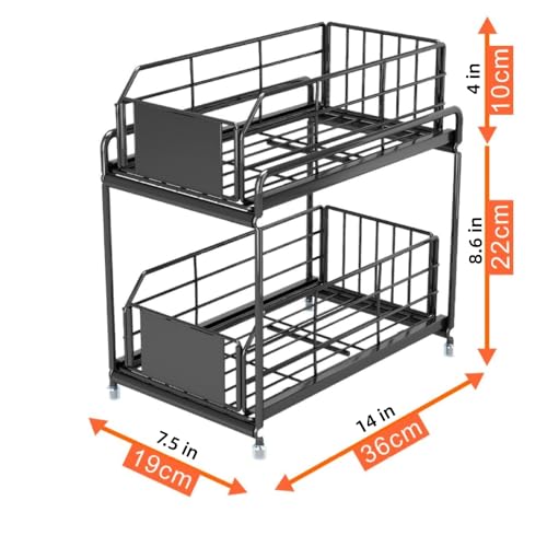 Under Sink Kitchen Storage Organizer, 2 Tier Sliding Cabinet Basket with Pull-Out Drawer, foldable Metal Under Sink Organizers for Bathroom, Pantry, Countertop, Rustproof Multi-Purpose Storage Bins
