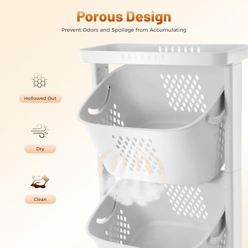 3-Tier Laundry Hamper Sorter, Removable Vertical Rolling Laundry Baskets Stand with Wheel, Stackable Dirty Clothes Cart Organizer and Storage for Small Space, Dorm, Closet, Bathroom (3-Tier)
