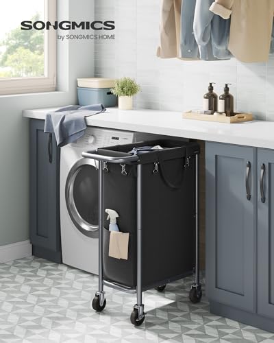 SONGMICS Laundry Basket with Wheels, Rolling Laundry Hamper, 23.8 Gallons (90 L), Removable Liner, Steel Frame with Handle, 24 x 11.4 x 31.9 Inches, Ink Black URLS003B01 - color: Ink Black, size: 90 L (1-Section), style: Rectangular with handle
