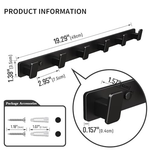 Coat Hook Wall Rack Hanger - Black Coat Rack with 6 Hooks Wall Hooks for Hanging Hat Key Bag Towel Wall Mount Coat Holder - color: Black, size: Rectangle 6 Hooks 1 Pack