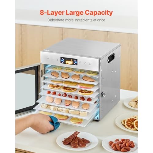 VEVOR Food Dehydrator Machine, 8 Stainless Steel Trays, 400W Electric Food Dryer with Adjustable Temperature & 24-Hour Timer, Freeze Dryer for Jerky, Meat, Fruit, Vegetables, Herbs, Dog Treats
