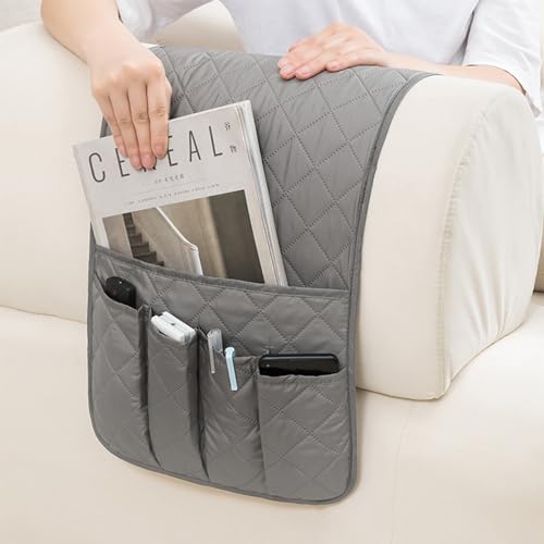 Huakaile Foldable Remote Control Holder Non-Slip Couch Sofa Chair Waterproof Armrest Organizer with 5 Pockets Armrest Organizer Couch Recliner Caddy Fits for Ipad, Phone, Magazines (Grey)