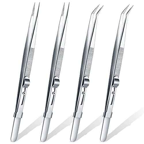 4 Pieces Precision Soldering Tweezer ESD Industrial Electronic Tweezers Tool Set Include Fine Point Tip Straight Tweezer and Locking Curved Tip Precision Tweezer for Jewelry Makeing Craft