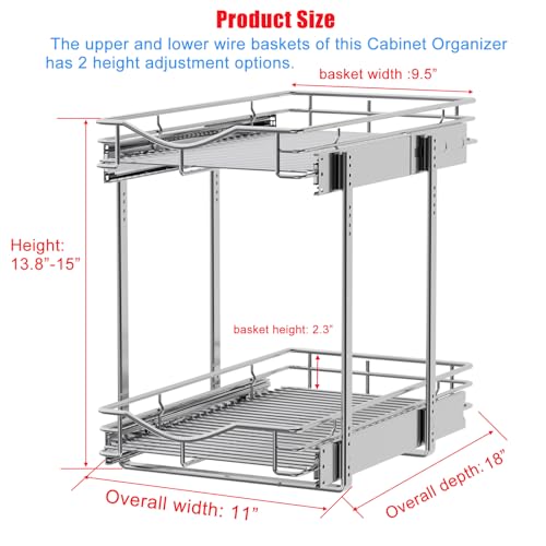 DINDON 2 Tier Pull Out Cabinet Organizer (11" W x 18" D) Heavy-Duty Metal Sliding Drawer Shelf, Two Tier Pull Out Shelves for Kitchen Cabinets, Pantry, Bathroom, Chrome Finish - size: 11'' W X 18'' D