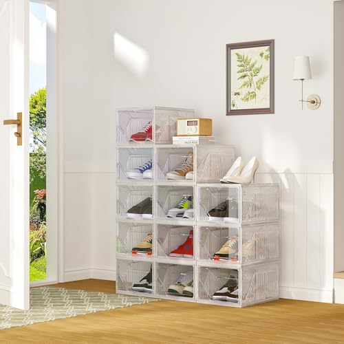AWTATOS Shoe Storage Boxes, Thickened Shoe Storage Organizer with Clear Magnetic Door, Stackable Shoe Container with Lids, Collapsible Large Shoe Rack, Fit up to US Size 15, 10 Pack - size: 10 pack