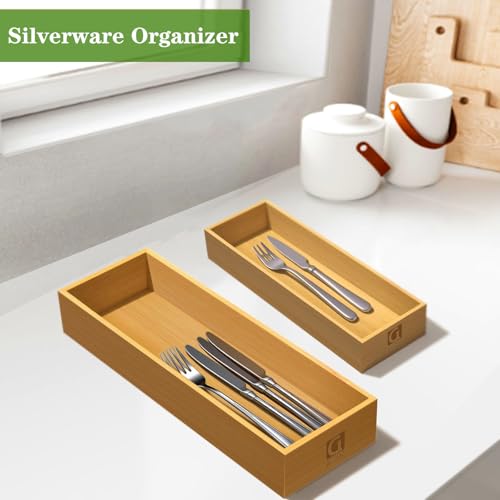 guiogc Bamboo Drawer Silverware Organizer, Flatware Organizer, Bamboo Storage Box for Office, Bathroom and other objects storage (large14.2 x5 x2 Small 9.85"x3.55"x1.78"- Set of 4) - size: 14.2" x 5" x 2" & 9.85" x 3.55" x 1.78"