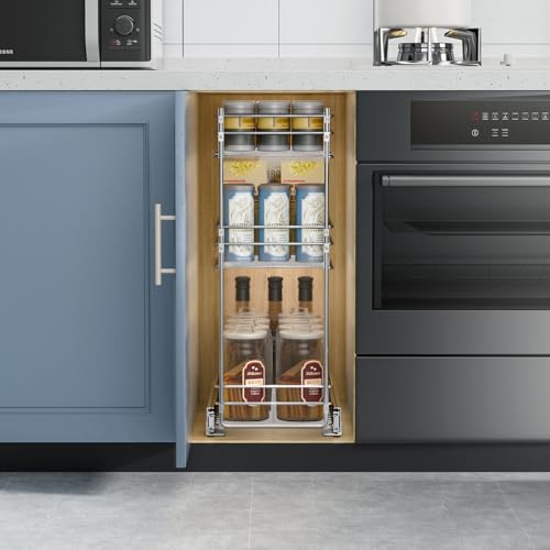 ROOMTEC Pull Out Spice Rack for Narrow Cabinet (7" W X 20½" D),3 Tier Heavy Duty Sliding Spice Cabinet Organization Shelf Racks, Pull Out Shelves Under Cabinet Storage for Kitchen - size: 7" W x 20½" D, 3 Tier, Heavy Duty