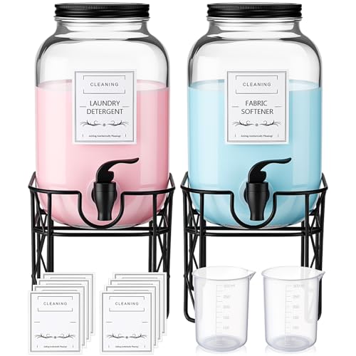 FillTouch 2 Pack 1 Gallon/128 oz Glass Laundry Detergent Dispenser, 3.8 L Liquid Soap Dispenser with Stand, Measuring Cup and Label, Fabric Softener, Liquid Bleach Container, Laundry Room Organization