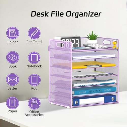 7 Tier Paper Organizer - Mesh Desktop File Holder with Handles for Office School Desk, Black (Purple) - color: Purple