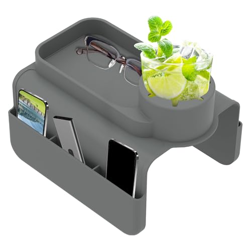 Silicone Sofa Armrest Tray with Dual Side Pockets, Anti-Slip Couch Cup Holder, Silicone Armchair Cup Holder for Drinks, Phone & Snacks, Arm Organizer for Living Room, Recliner, Car (Grey) - color: Grey
