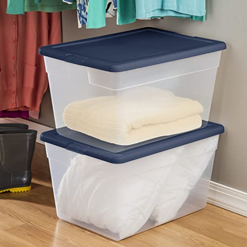 Sterilite Storage Box, Clear Plastic Stackable Bin, Tote with Lid, 56 Quart, Marine Blue