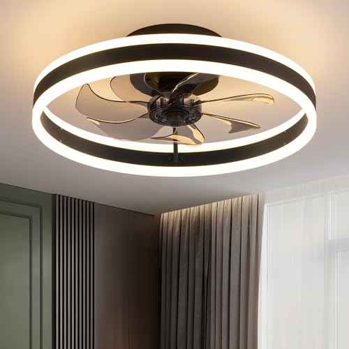 KDG 19.7" Low Profile LED Ceiling Fans with Light, Reversible Flush Mount with Remote and 6 Winds Speeds Fan Lighting, 3 Colors Dimmable for Bedroom, Living Room, Kids, Dinning Room, Kitchen (Black)