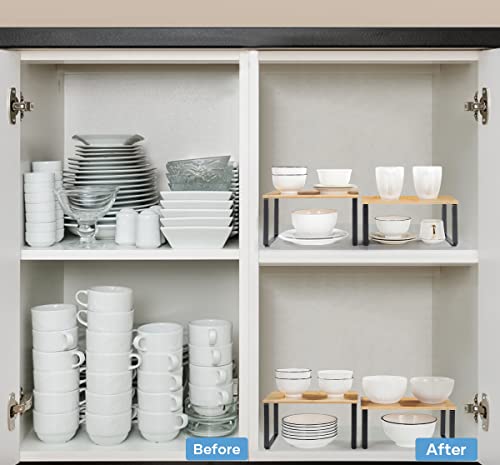 NEX Kitchen Cabinet and Counter Shelf Organizer, Stackable & Expandable, Black and Natural - color: Black + Natural Beige, size: 11.7''W