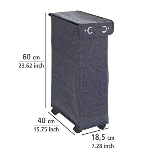WENKO Slim Laundry Basket with Wheels, Thin Laundry Hamper, Rolling Laundry Bin with Lid, Space Saving Narrow Laundry Hamper for dirty Clothes Storage, 23.6 x 15.8 x 7.3 in, Blue - color: Blue Denim