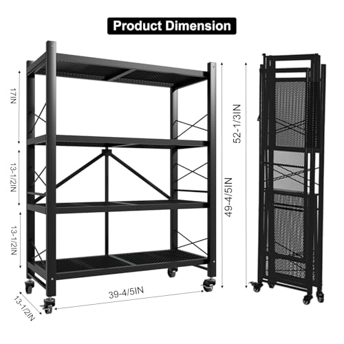 Grezone Foldable Shelves 4 Tier Heavy Duty Metal Storage Shelves with Wheels - No Assembly Collapsible Shelving Unit for Kitchen Garage Hold up to 1000 lbs - size: 39‘’W x 13.5''D x 49.8''H