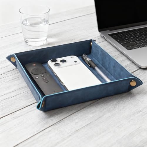 Valet Tray Desktop Storage Organizer – Premium PU Leather Catchall Bedside Vanity Tray Nightstand Caddy Holder for Remote Controller, Keys, Phone, Wallet, Coin, Jewelry,Blue - color: Blue