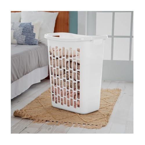 20x13x24 inch narrow body laundry basket rectangular plastic dirty laundry basket white thin space saving 1.8 bushels large capacity ventilation hole design with double-sided through handle.