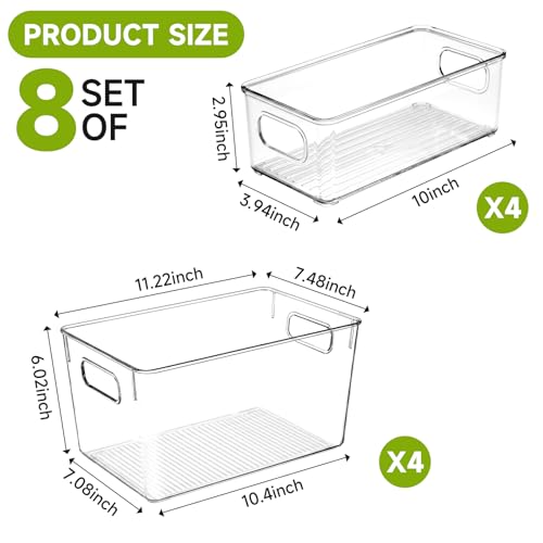 YKIOKE 8 Pack Clear Plastic Storage Bins with Handles,4 Large and 4 Small Stackable Organizer Containers for Kitchen, Countertops, Cabinets, Fridge, Drinks, Fruits, Vegetable, Cereals - size: 8-Pack