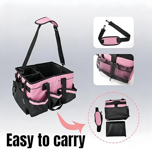 Tool Organizer Tote Bag, Pink and Black, Large Capacity with Adjustable Compartments, Portable Cleaning Storage Caddy, 14.96x10.63x9.06 Inches - color: Pink