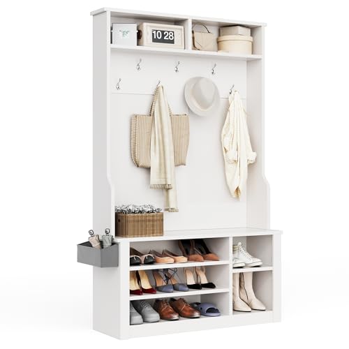 Aiho Hall Tree with Bench and Shoe Storage, 3-in-1 Entryway Hall Tree, with Adjustable Shoe Storage, for Entryway, Hallway, White - color: White