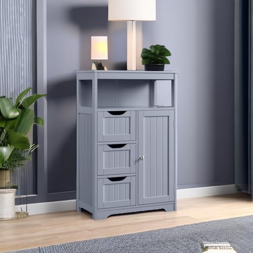 Yaheetech Bathroom Storage Cabinet, Wooden Bathroom Floor Cabinet with 1 Door and 3 Drawers, Free-Standing Storage Unit for Kitchen/Living Room/Entryway, Gray