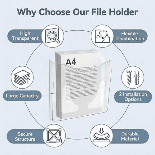 PAG 6-Pocket Clear Wall Mount File Organizer for Office, Vertical Hanging Document Paper Folder Holder for Home, Letter Size Mail Sorter, Transparent Magazine Literature Rack with Mounting Hardware