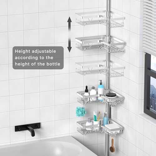 KEGII Corner Shower Caddy Tension Pole, Adjustable Shower Tension Rod Organizer, Floor to Ceiling Shower Caddy 25-114.2 inch, Silver - style: Tension Caddy 6 Pack-Brushed Silver