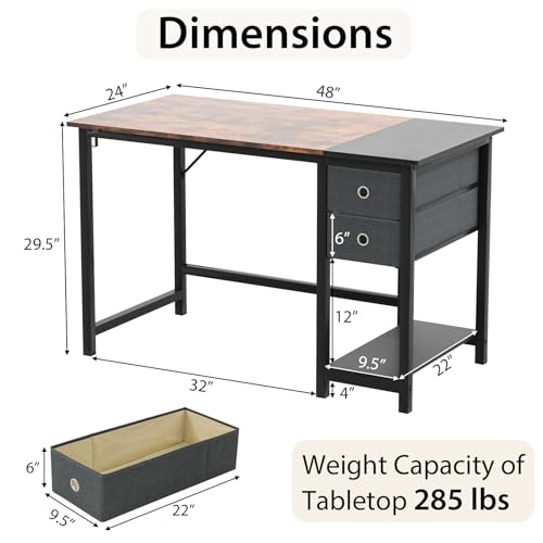Tangkula 48-Inch Computer Desk with 2 Drawers, Modern Home Office Desk with Hanging Hook & Storage Shelf, Multipurpose Writing Desk for Study Bedroom (Rustic Brown, 48")