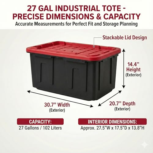 27 Gal Industrial Tote,2 Pack Plastic Storage Bins with Lids Tough Large Storage Bin,Black with Red Lid Plastic Storage,Stackable & Nestable for Garage, Basement, or Outdoor (2 Pack) - size: 2 Pack