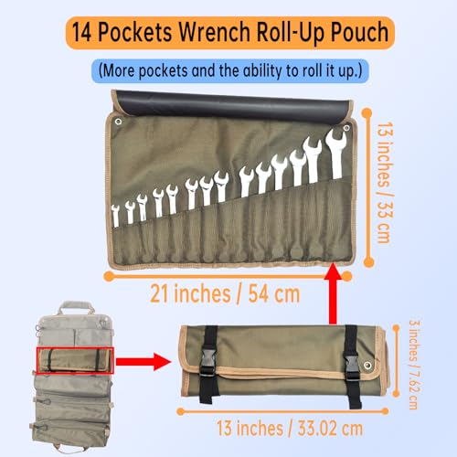Tool Roll Up Bag, Large Tool Bag Organizer for Electrician, Heavy Duty Detachable with 3 Big Tool Pouches, 1 14-pocket Wrench Organizer, 2 Small Storage Tool Bag, Gift for Men/Dad/Him