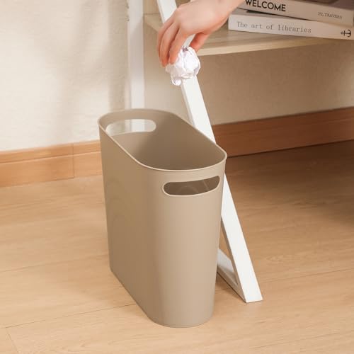 rejomiik Small Trash Can, Slim Garbage Can Plastic Waste Basket with Handles 3.5 Gallon Container Bin for Narrow Spaces Bathroom, Bedroom, Kitchen, Office at Home, 2 Pack Khaki - color: Khaki, size: 2 pack