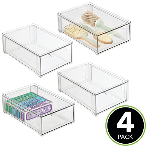 mDesign Plastic Stackable Bathroom Storage Organizer Bin with Pull Out Drawer for Cabinet, Vanity, Shelf, Cupboard, Cabinet, or Closet Organization - Lumiere Collection - 4 Pack - Clear - size: 8 x 12 x 4 (Pack of 4)