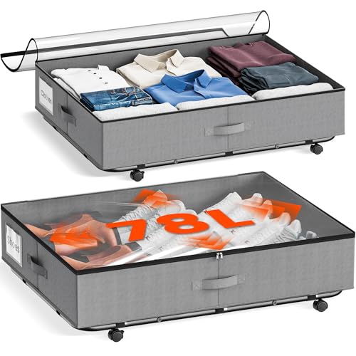XXXL 78L Under Bed Storage with Wheels, Rolling Storage Containers with Clear Lid & Label, Heavy-Duty Metal Frame, Easy Pull-out, Underbed Storage Bins for Clothes, Shoes, Blankets, and Toys(2PACK) - size: 78L-2pack
