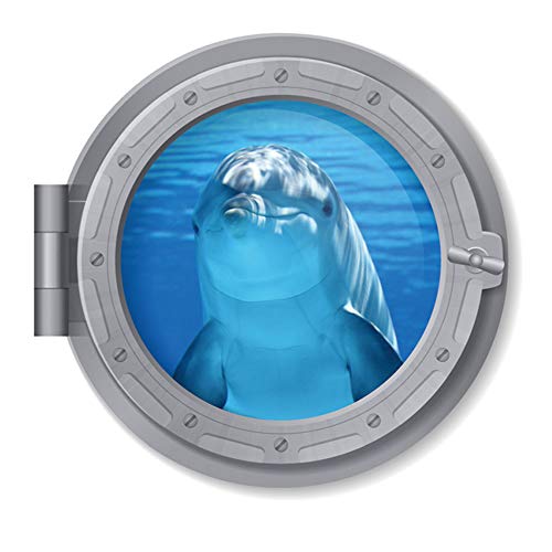 Woodland Arts 3D 11 x 11 inch Undersea Cute Dolphin Blue Deep Sea Porthole Submarine View Tropical Ocean Removable Vinyl Peel and Stick Decorative Wall Decals Stickers , 59