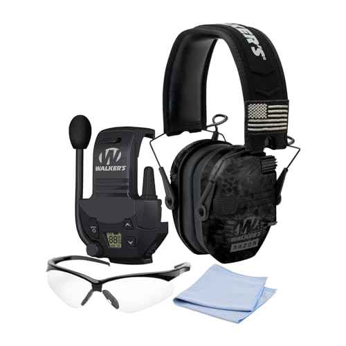 Walkers Razor Patriot Series Hi-Gain Omnidirectional Microphone Electronic Muffs (Kryptek Camo) Bundle with Walkie-Talkie Attachment, Protective Sport Glasses and Cleaning Cloth (4 Items)